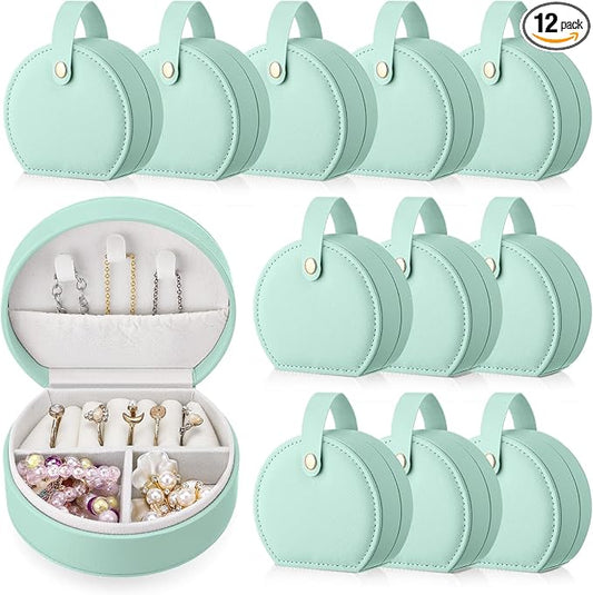 Weysat 12 Pack Jewelry Case Mini Leather Bridesmaid Travel Jewelry Gift Box Bulk Small Earring Storage Organizer (Light Green)