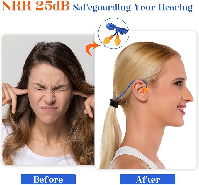 500 Pairs Corded Ear Plugs Bulk 25dB NRR Reusable Silicone Ear Plug with String Individually Wrapped Earplugs for Sleeping Noise Reduction Hearing Protection Shooting Construction Work