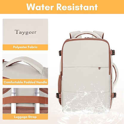 Taygeer Backpack for Women, College Backpack with Laptop Compartment & Shoe Pouch, 40l Travel Laptop Mochila Carry On Luggage, Airline Approved Personal Item Bag for Weekender Gym Hiking, Khaki White