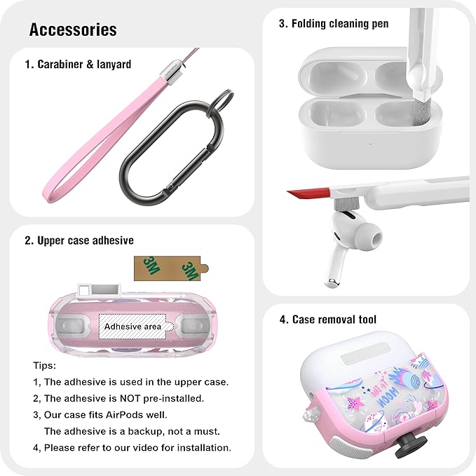 WENEW Case for AirPods Pro & Pro 2 Case Cover Secure Lock Snap Switch Clip Cleaner Kit Lanyard Women Stylish Universe Moon Full Body Hard Shell Front LED Visible (Pink Universe, AirPods Pro & Pro 2)