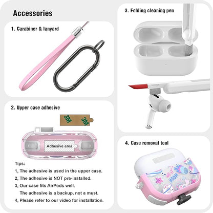 WENEW Case for AirPods Pro & Pro 2 Case Cover Secure Lock Snap Switch Clip Cleaner Kit Lanyard Women Stylish Universe Moon Full Body Hard Shell Front LED Visible (Pink Universe, AirPods Pro & Pro 2)