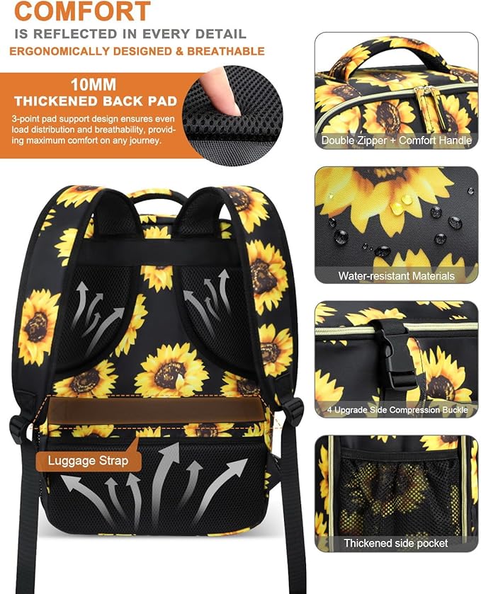 Capolo Travel Backpack for Women Men Waterproof Laptop Backpack Flight Approved Carry On Backpack Overnight Weekender Bag College Bookbag for Business, Work, Traveling Fits 15.6 '' Laptop,Sunflower