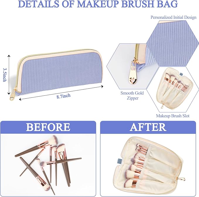 Personalized Initial Makeup Bag Trendy Stuff Corduroy Cosmetic Bag Travel Toiletry Bag, Christmas/Thanksgiving/Halloween Gifts Makeup Organizer Case for Women Girls Mom Girlfriend Wife - Blue