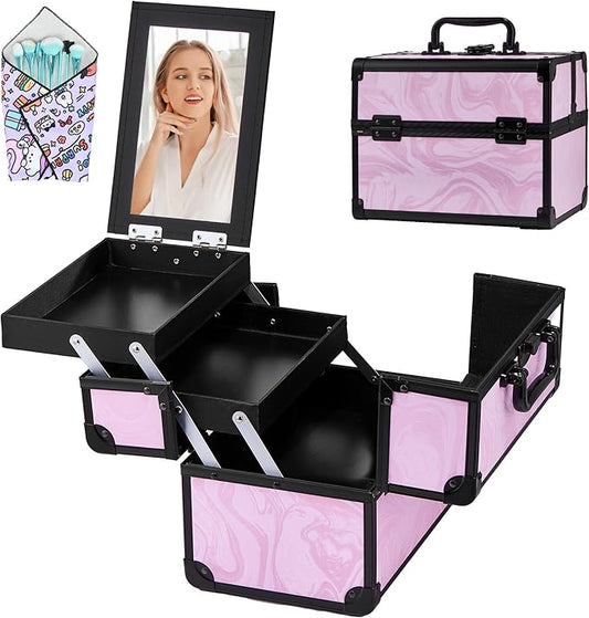 Makeup Train Case, Portable Makeup Case with Mirror, 2-Trays Cosmetic Organizer Case,Nail Polish Organizer, Travel Makeup Box, Profesional for Salon Barber, Pattern Black Pink