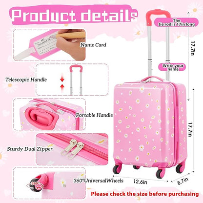 Redbaker 6 Pcs Kids Luggage Set 17 Inch Kids Rolling Luggage Double Pattern Suitcase for Girls Boys School Gift(Light Pink,Leopard Print Style)