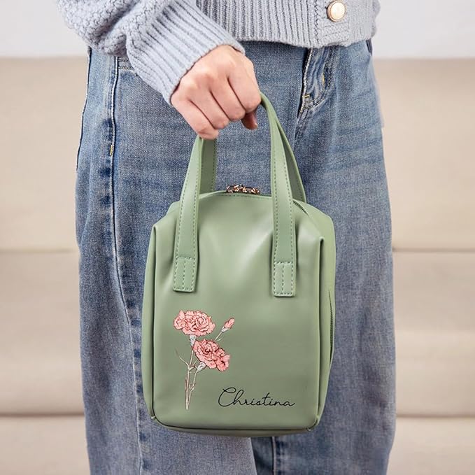 callie Personalized Makeup Bag - Custom Birth Flower & Name, Leather Cosmetics Organizer Travel Bag with Double Zippers & Handle, Birthday Mother's Day Gift for Women