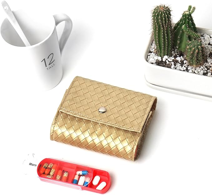 Pill Organizer,LIZIMANDU Weekly Travel Pill Case Box Medication Reminder Daily AM PM, Day Night 7 Compartments,for 4 Times A Day, 7 Days a Week-Includes Leather PU Carrying Case(1-Weave Gold)