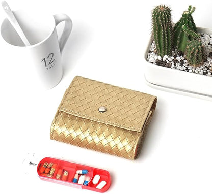 Pill Organizer,LIZIMANDU Weekly Travel Pill Case Box Medication Reminder Daily AM PM, Day Night 7 Compartments,for 4 Times A Day, 7 Days a Week-Includes Leather PU Carrying Case(1-Weave Gold)