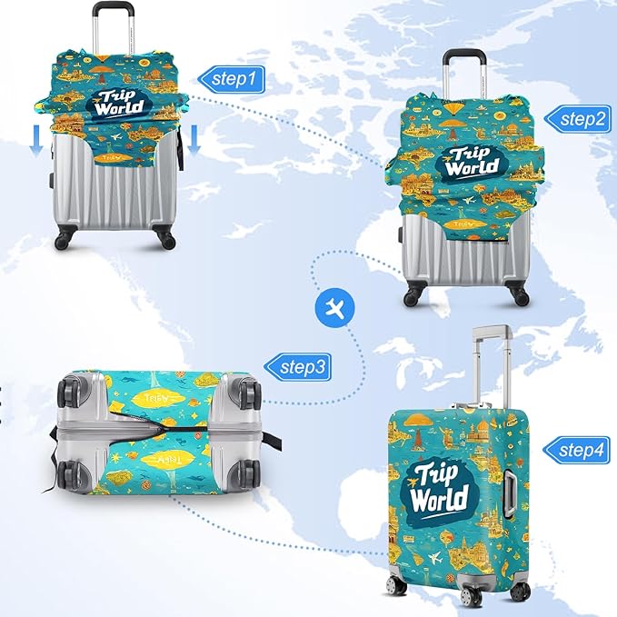 ANNA QUEEN Trip World Luggage Cover Suitcase Protector Suitcase Cover Anti-Scratch,Stretchable Fit for 18-32Inch Luggage,Travel Bag Cover Washable M(fits 22-25Inch suitcase)