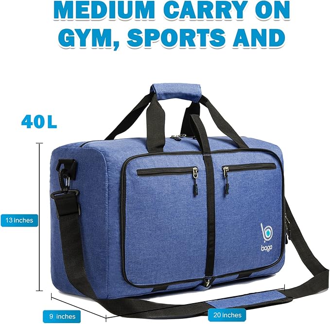 Bago Foldable Duffel Bags for Traveling Women & Men - 40L Sports Packable Duffle Bag for Travel with Shoe Compartment - Water Repellant, Heavy Duty, Lightweight Folding & Collapsible (SnowDepBlue)