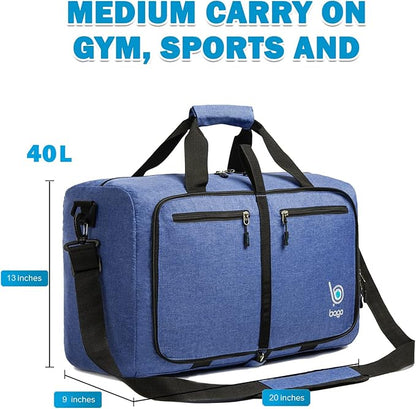 Bago Foldable Duffel Bags for Traveling Women & Men - 40L Sports Packable Duffle Bag for Travel with Shoe Compartment - Water Repellant, Heavy Duty, Lightweight Folding & Collapsible (SnowDepBlue)