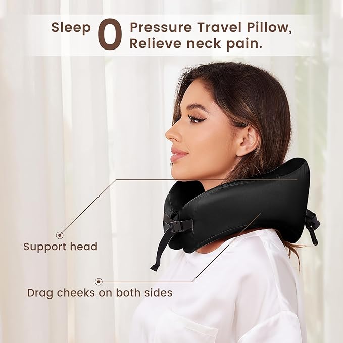 THXSILK 100% Mulberry Silk Neck Pillow for Traveling, Pure Memory Foam Travel Pillow for Airplanes, Travel Neck Pillow for Sleeping, Head and Neck Support, Includes Storage Bag (Black)