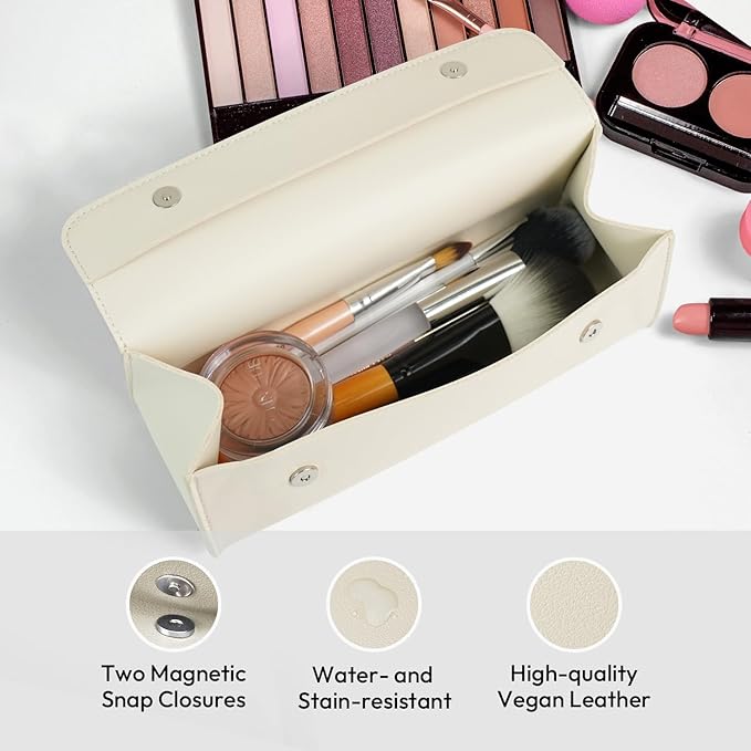 carrotez Stylish PU Leather Makeup Bag: Versatile Travel Toiletry Bag & Cosmetic Pouch, Small Makeup Organizer for Purse Essentials - Ideal Makeup Brush Holder & Sunglasses Case for Women - Cream