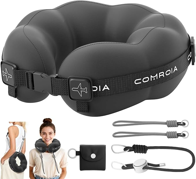 Travel Neck Pillow for Airplane, Super Soft Neck Support Travel Pillow - Lightweight and Stylish Convertible Style - Ergonomic Design for Long Flights, Car, Train & Office Use (Black)