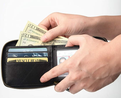 Genuine Leather Zipper Wallet With Coin Pocket, RFID Blocking Zip Around Front Pocket Bifold Wallet, Gift for Men
