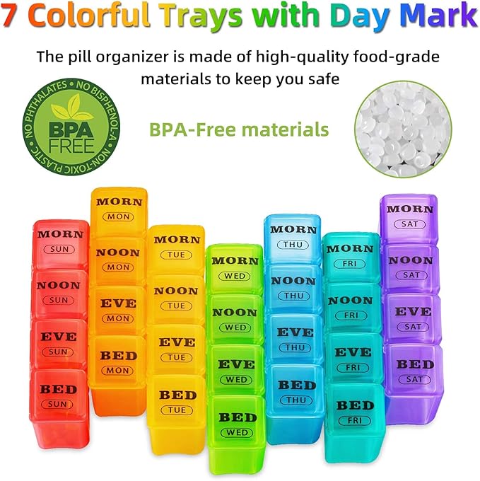 XL Large Weekly Pill Organizer 4 Times a Day, 7-Day Pill Boxes AM PM, Big Compartments Pill Case, Monthly Medication Organizer 28 Days Dispenser for Fish Oils, Vitamin Holder Supplement