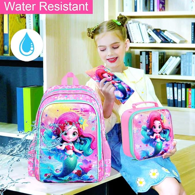 WZLVO 3PCS Mermaid Backpack for Girls, 16'' Kids Preschool Bookbag with Lunch Box, Cute Water Resistant School Bag Set for Elementary Kindergarten Toddler