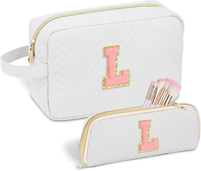 Personalized Initial Makeup Bag Trendy Stuff Leather Waterproof Cosmetic Bag Travel Toiletry Bag, Christmas/Thanksgiving/Halloween Gifts Makeup Organizer Case for Women Girls Mom Girlfriend Wife