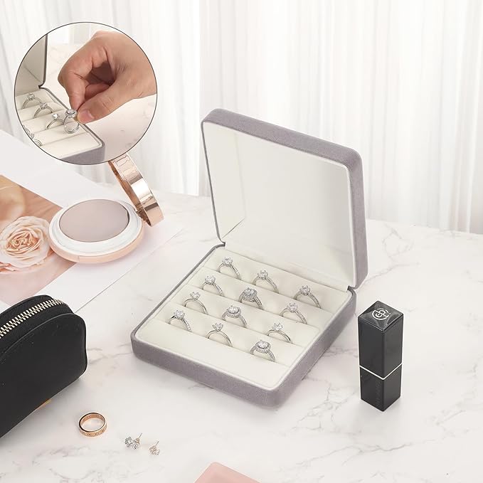 Ring Storage Boxes for Multiple Rings, Compact and Stylish Travel Jewelry case, Portable Small jewelry Organizer Box Tray Gift for Women, Girl(Grey)