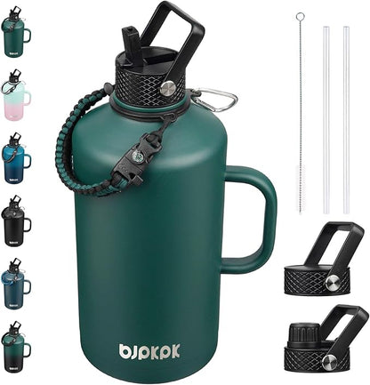 BJPKPK 1 Gallon Water Bottle Insulated with Straw Lid, 50oz, 64oz, 87oz, 128oz Large, Stainless Steel Water Bottles with 3 Lids and Paracord Strap, Double Wall Vacuum Metal Water Jug,Army Green