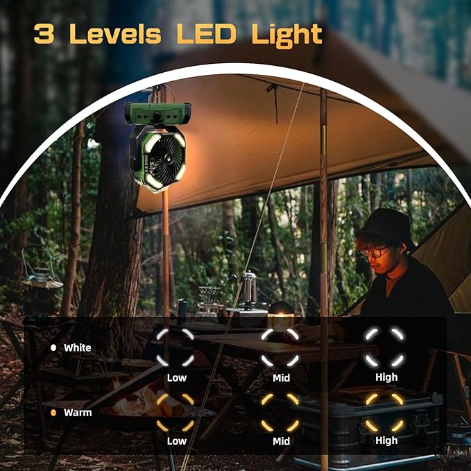 Portable Misting Fan with LED Light & 20000mAh Power Bank - Rechargeable Camping Fan with Remote, Spotless Speeds & 360° Pivot Hook for Outdoor, Hurricane, RV, Power Outages