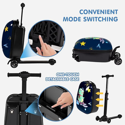 smilesun 4-in-1 Detachable Scooter Luggage for Kids & Teens, Hardside Ride-On Suitcase with Dinosaur Design, Lightweight Foldable, Perfect Travel Gift for Boys(Navy Blue 22-inch)