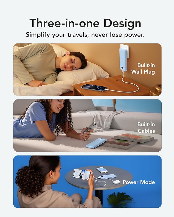 VRURC Portable Charger with Wall Plug and Cables, 10000mAh Power Bank with 22.5W Fast Charging USB Port,4 Outputs Dual Inputs Slim Compact Rechargeable Battery Pack Travel Accessories-Blue(1 Pack)