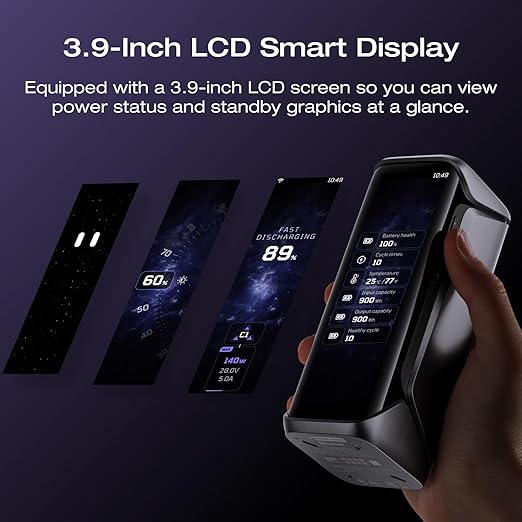 EF ECOFLOW Rapid Pro X Power Bank, 27650mAh, 300W, 140W Built-in Cable, 3-Port Portable Charger, 140W Output, Up to 320W Recharge, 3.9" Display, 2 ft Retractable Cable, Compatible with iPhone, Laptop