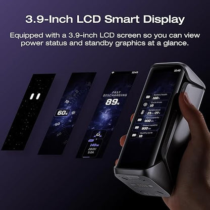 EF ECOFLOW Rapid Pro X Power Bank, 27650mAh, 300W, 140W Built-in Cable, 3-Port Portable Charger, 140W Output, Up to 320W Recharge, 3.9" Display, 2 ft Retractable Cable, Compatible with iPhone, Laptop