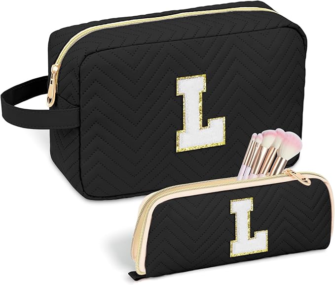 Personalized Initial Makeup Bag Trendy Stuff Leather Waterproof Cosmetic Bag Travel Toiletry Bag, Christmas/Thanksgiving/Halloween Gifts Makeup Organizer Case for Women Girls Mom Girlfriend Wife