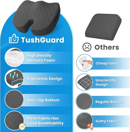 TushGuard Seat Cushion - Memory Foam Cushion for Office Chair, Car Seat, Airplane, Bleacher - Sciatica & Hip & Coccyx Pain Relief Cushions for Long Sitting Office Workers, Car Drivers (Grey, X-Large)
