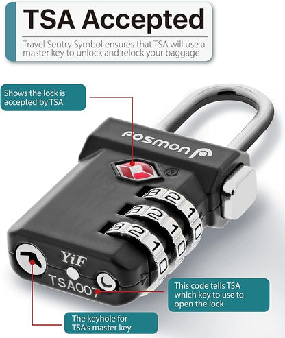 Fosmon TSA Approved Luggage Locks, Suitcase Travel Lock with Push Release Button for Extra Security, 3 Digit Combination Padlock for Gun Case Backpack Zipper Anti Theft Gym Locker - Black, 3 Pack
