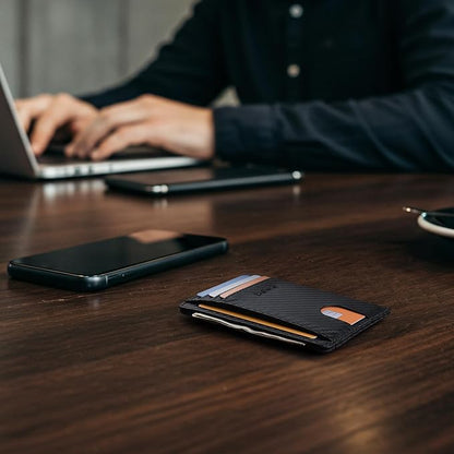 Buffway Slim Minimalist Front Pocket RFID Blocking Leather Wallets for Men and Women - Carbon Fiber Black