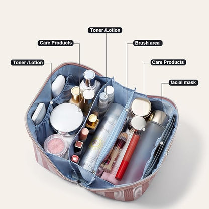 BOYATU Travel Makeup Bag for Women: Large Cosmetic Bag Set of 3 - PU Leather Make up Bag with Compartments - Compact Waterproof Toiletry Bag with Divider & Handle (B-1-Pink)