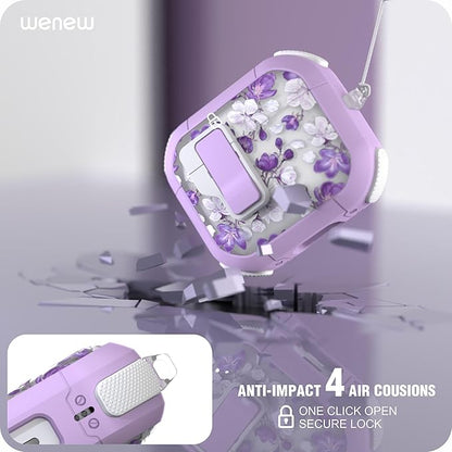 WENEW Case for AirPods 3 Case Cover Secure Lock Automatic Snap Switch Clip Cleaner Kit Lanyard Women Stylish Flower Armour Hard Shell Full Body Front LED Visible (Purple Flower, AirPods 3rd)