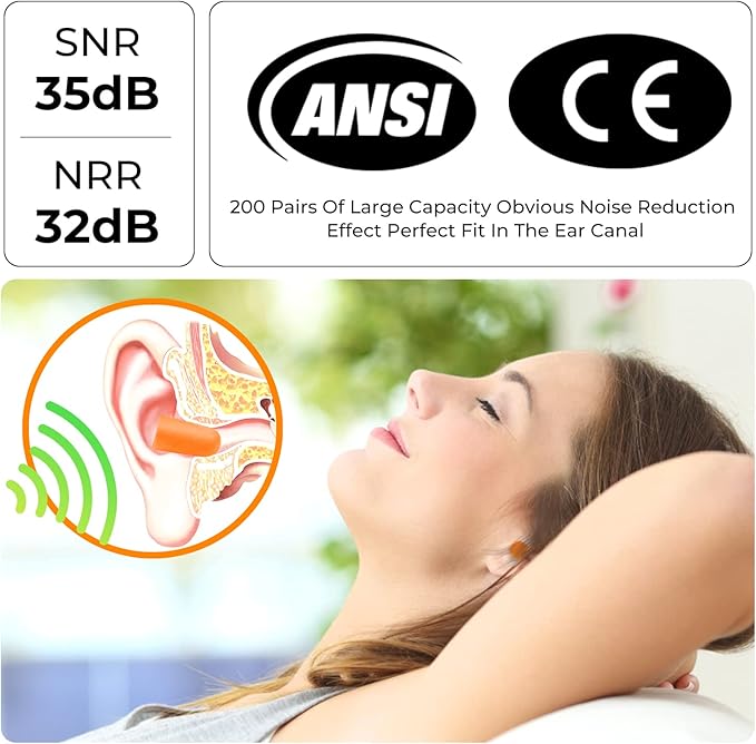 200Pairs Foam Earplugs, 32dB Disposable Noise Reduction Ear Plugs, Hearing Protection Bulk Ear Plugs for Shooting Range, Work, Travel,Concert
