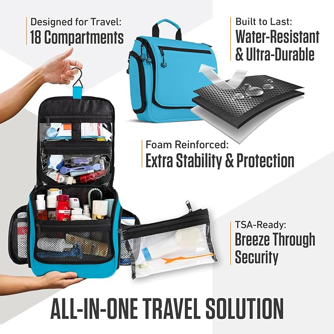 VENTURE 4TH Hanging Travel Toiletry Bag for Women & Men - Travel Organizer with Expandable Compartments & Removable Clear Pouch for Toiletries (Light Blue)