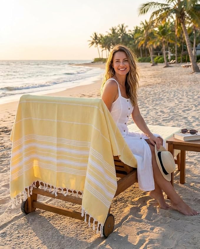 Bazaar Anatolia Turkish Beach Towel – 100% Cotton, Quick Dry, Sand Free Towel for Bathroom, Camping, Travel – Oversized 71x39 Inches – Stripe Yellow