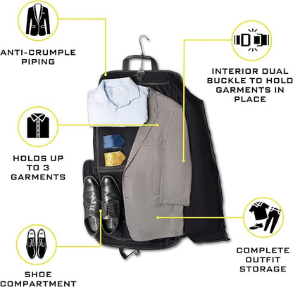 Premium Suit Garment Bag Carry On - Hangs 4 Suits - Travel & Business with Shoulder Strap and Laptop Compartment