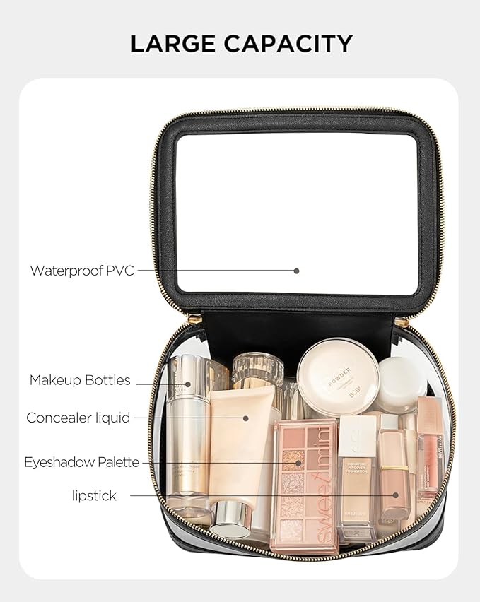HBlife Clear Makeup Organizer, Portable Travel Toiletry Cosmetic Case for Women, Medium Make Up Train Case Transparent Storage Pouch with Handle(Black)