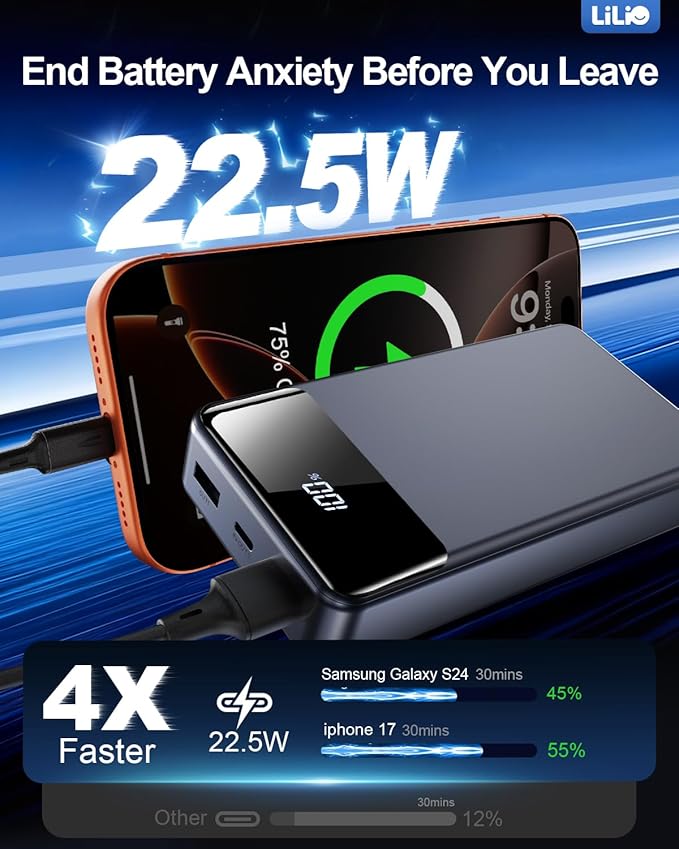 LILIO Portable Charger Power Bank，60,000mAh Battery Pack, 22.5W Power Bank Fast Charging with USB Cable, Phone Charger for iPhone 17/16/15/14/13 All Series/Samsung/Android, Camping Essentials, Grey
