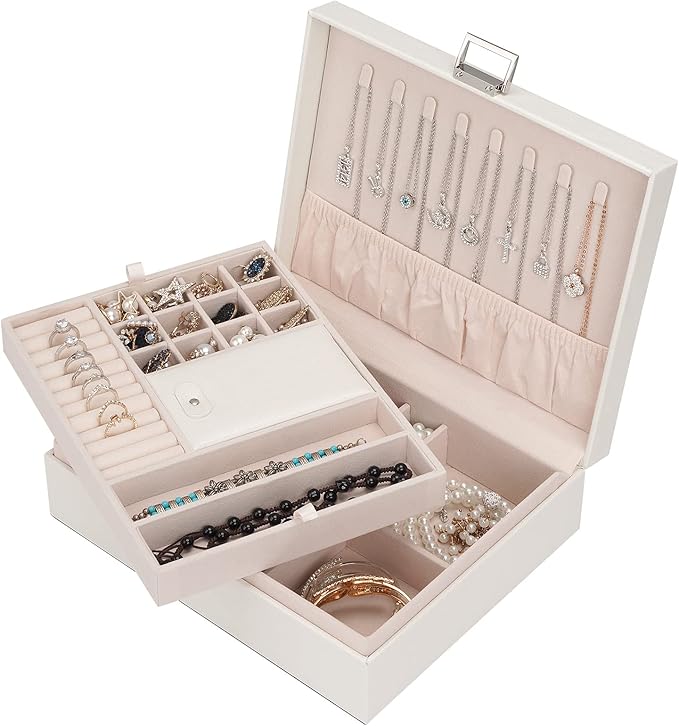 Jewelry Organizer Box for Girls Women - Double Layer Large Travel Jewelry Case with Gift Box/White