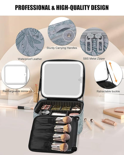 Relavel Travel Makeup Bag With LED Mirror for Women, Cosmetic Organizer Bag with Adjustable Brightness in 3 Color Scenarios, Detachable Dividers, Waterproof Train Case for Daily - Dark Blue FLowers