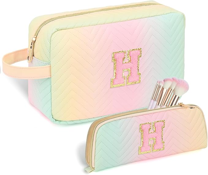 Personalized Initial Makeup Bag Trendy Stuff Leather Waterproof Cosmetic Bag Travel Toiletry Bag, Christmas/Thanksgiving/Halloween Gifts Makeup Organizer Case for Women Girls Mom Girlfriend Wife