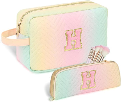 Personalized Initial Makeup Bag Trendy Stuff Leather Waterproof Cosmetic Bag Travel Toiletry Bag, Christmas/Thanksgiving/Halloween Gifts Makeup Organizer Case for Women Girls Mom Girlfriend Wife