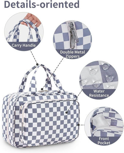 Narwey Hanging Toiletry Bag for Women Travel Makeup Bag Organizer Toiletries Bag for Travel Size Essentials Accessories Cosmetics (Grayish Blue Checkerboard (Medium))