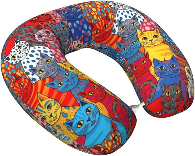 Neck Pillows for Travel Colorful Cats Painting, Women and Men Airplane Car Pillow, Neck Support U Shaped Pillow for Rest Pain Relief Sleeping
