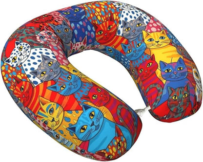 Neck Pillows for Travel Colorful Cats Painting, Women and Men Airplane Car Pillow, Neck Support U Shaped Pillow for Rest Pain Relief Sleeping