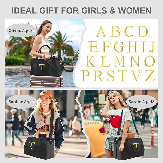 Personalized Initial Gym Dance Bag, Travel Duffel Bag for Teen Girls, Carry On Bag Overnight Weekender Bag with Trolley Sleeve, Birthday Gifts for Women Mom Daughter Graduation Gift(Letter T, Black)