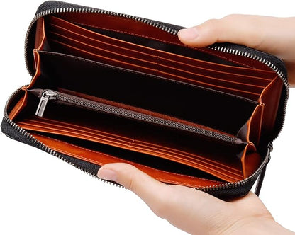 VISOUL Leather Long Zippered Pouch Wallet for Men with RFID Blocking Two-tone, Large Carbon Fiber Leather Clutch Cash Long Wallet with Zipper (Black+Orange)